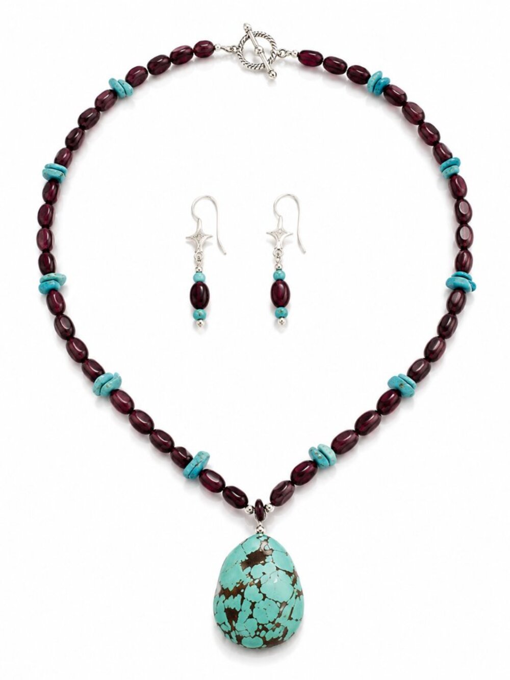 Hubei Turquoise & Rhodolite Garnet Necklace & Earring Set – Heirloom Statement - Picture 2 of 7
